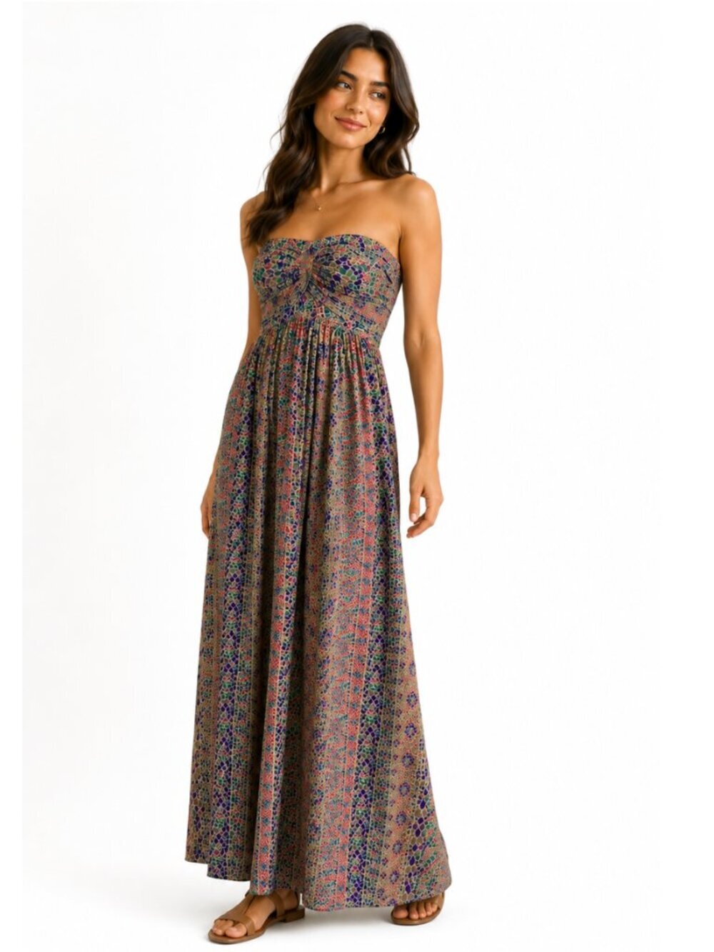 Paul and Joe Paris Maxi Silk Dress Strapless Mosaic Print Multicolor Small